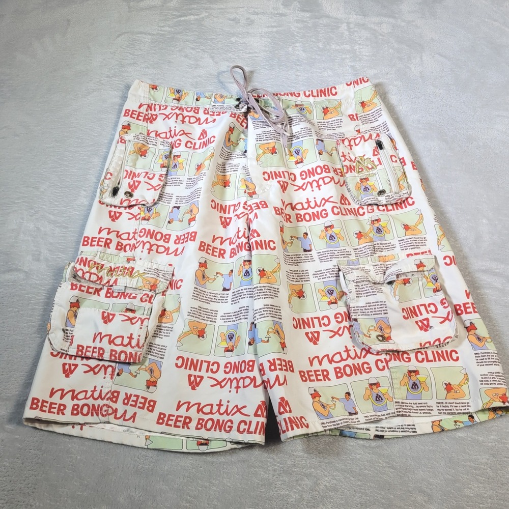 Matix Board Shorts Men 31 White Beer Bong Clinic Graphic Print Cargo Swim Trunks
